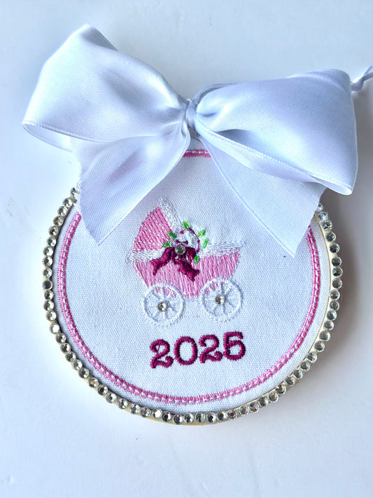 Baby Girl Carriage Ornament with Rhinestones