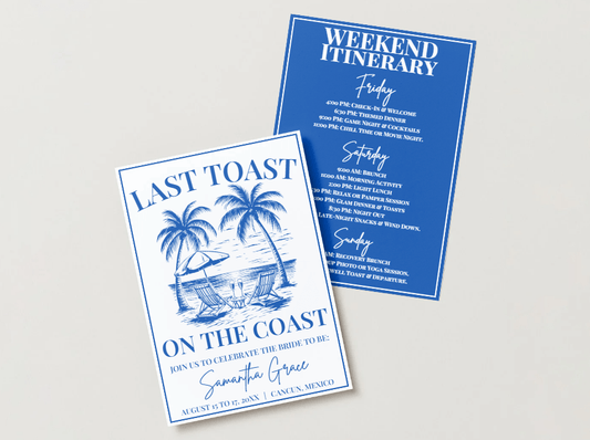 Last Toast on the Coast Bachelorette Invitation Itinerary Template - Bebe Buchi