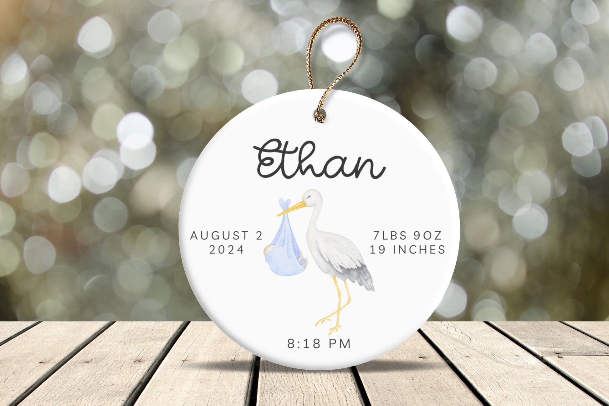 Newborn Baby Birth Stats Ornament of Stork for Boy - Bebe Buchi