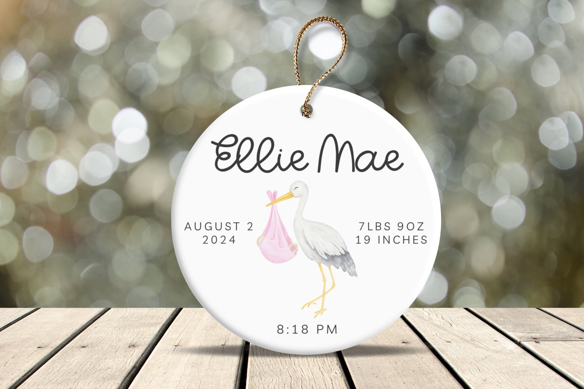 Newborn Baby Birth Stats Ornament of Stork for Girl - Bebe Buchi