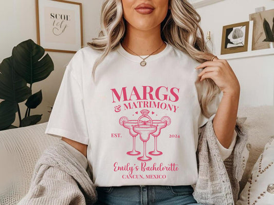 Personalized Margs and Matrimony Luxury Bachelorette Party Shirts Custom - Bebe Buchi